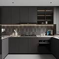 Modern Dark Gray Kitchen Interior With Cabinets Stove Range Hood And Tile Backsplash 3d model