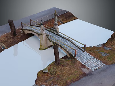 Stone Bridge Connecting Roads Over Calm Water Surface With Wooden Posts And Grass 3d model