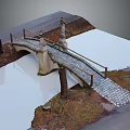 Stone Bridge Connecting Roads Over Calm Water Surface With Wooden Posts And Grass