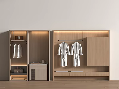 Modern Minimalist Wooden Wardrobe Design With Hanging Area White Robes Drawers And LED Lighting 3d model
