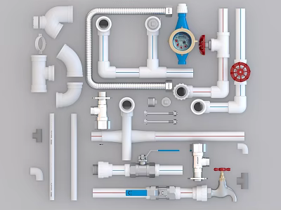 Plumbing Pipes and Fittings with Valves Pressure Gauge Elbows and Connectors 3d model