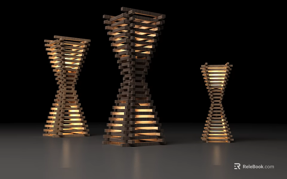 Three Modern Stacked Wooden Hourglass Shaped Floor Lamps with Warm Illuminated Light 3d model 