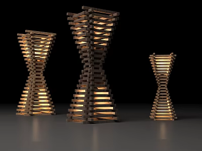 Three Modern Stacked Wooden Hourglass Shaped Floor Lamps with Warm Illuminated Light 3d model
