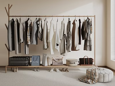 Organized Clothes Rack With Neutral Tones Apparel Storage Boxes And Ottoman In Light Room 3d model