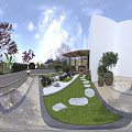 Beautiful Courtyard Garden With Wooden Pergola Climbing Vines Colorful Flowers Green Lawn And Stone Path