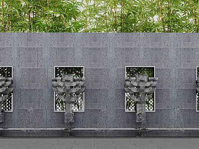 Decorative Garden Ornaments Recessed in Gray Stone Wall with Green Bamboo Background 3d model