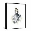 Watercolor Woman Portrait Back View with Long Blonde Hair and Flowing Gray Dress