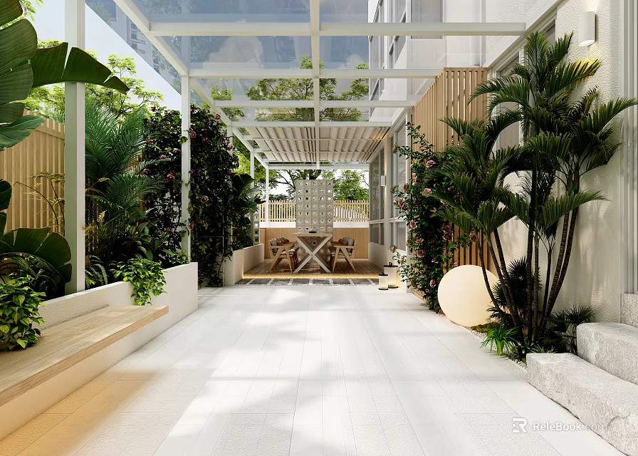 Garden Landscape Featuring Glass Canopy Wooden Lattice Lush Plants White Paved Floor And Seating Area 3d model 