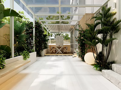 Garden Landscape Featuring Glass Canopy Wooden Lattice Lush Plants White Paved Floor And Seating Area 3d model