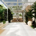 Garden Landscape Featuring Glass Canopy Wooden Lattice Lush Plants White Paved Floor And Seating Area