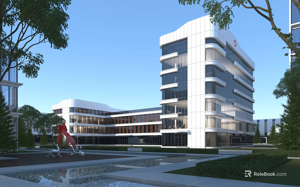 Modern Office Building With Glass Curtain Walls Landscaped Garden Water Feature And Red Sculpture 3d model 