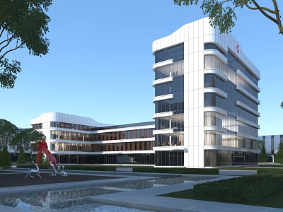 Modern Office Building With Glass Curtain Walls Landscaped Garden Water Feature And Red Sculpture 3d model