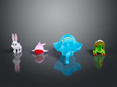 Colorful Animal Toys Collection Featuring White Rabbit Pink Dolphin Blue Elephant And Green Turtle 3d model