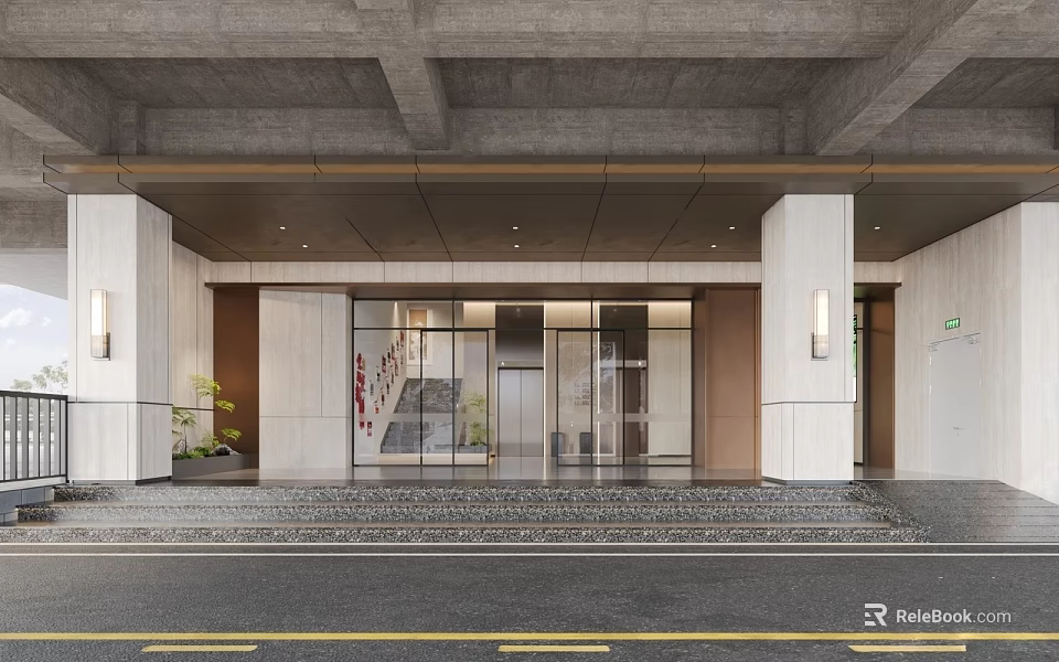 Modern Elevator Lobby With Glass Doors Marble Columns Lighting And Green Plants 3d model 