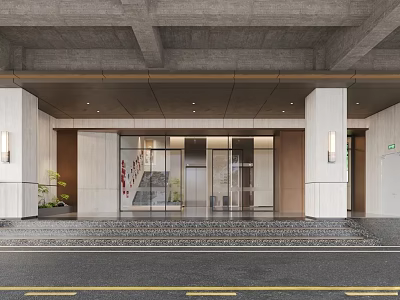 Modern Elevator Lobby With Glass Doors Marble Columns Lighting And Green Plants 3d model