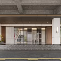 Modern Elevator Lobby With Glass Doors Marble Columns Lighting And Green Plants