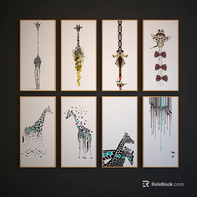 Colorful Giraffe Animal Paintings With Various Artistic Designs And Modern Decor 3d model 