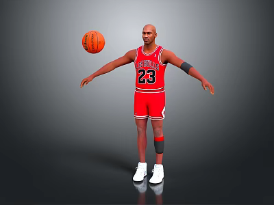 Man In Red Bulls Jersey 23 With Floating Basketball And Outstretched Arms On Gray Background 3d model