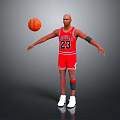 Man In Red Bulls Jersey 23 With Floating Basketball And Outstretched Arms On Gray Background