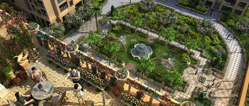 Stunning Garden Landscape With Central Fountain Lush Greenery Colorful Flowers And Stone Pathways 3d model 
