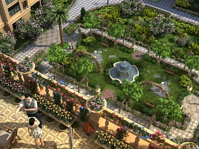Stunning Garden Landscape With Central Fountain Lush Greenery Colorful Flowers And Stone Pathways 3d model