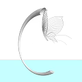 Modern Metallic Sculpture with Curved Structure and Butterfly Wing Design on Shiny Surface with Reflection