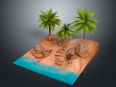 Tropical Beach Landscape With Palm Trees Small Boat Rocks Wooden Pathway And Blue Water 3d model