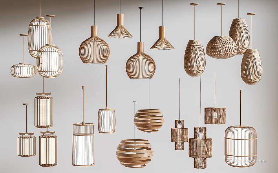 Modern Woven Wooden Chandeliers With Geometric Cage Shaped Natural Handcrafted Design Interior Decorative Lighting Fixtures 3d model 