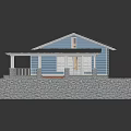 Blue House Model With Solar Panels On Roof Garage Porch White Railing And Stone Wall