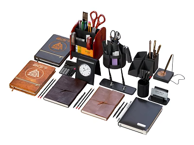 Organized Office Desk Supplies With Notebooks Pen Holder Calculator And Clock 3d model
