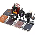 Organized Office Desk Supplies With Notebooks Pen Holder Calculator And Clock