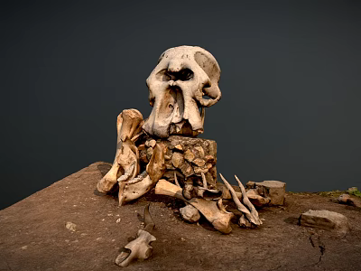 Scattered Ancient Skeleton Remains With Limb Bones And Skull On Earth Mound 3d model