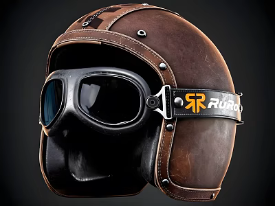 Brown Leather Hat With Black Goggles And Ruroc Logo Strap Design 3d model