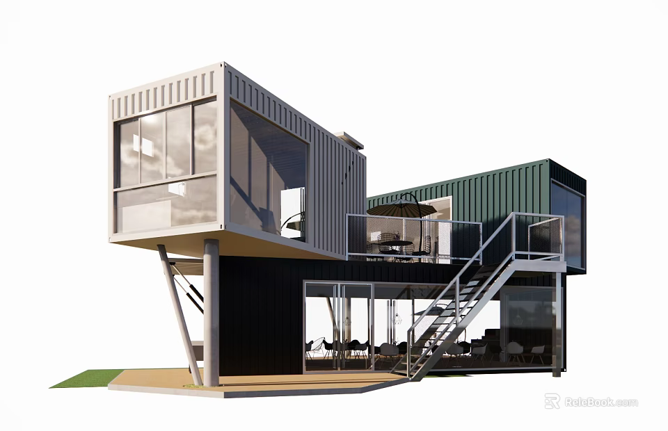 Modern Two Story Container Building With Large Windows Balcony Staircase And Glass Doors 3d model 