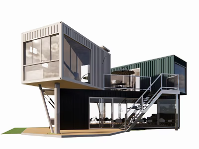 Modern Two Story Container Building With Large Windows Balcony Staircase And Glass Doors 3d model