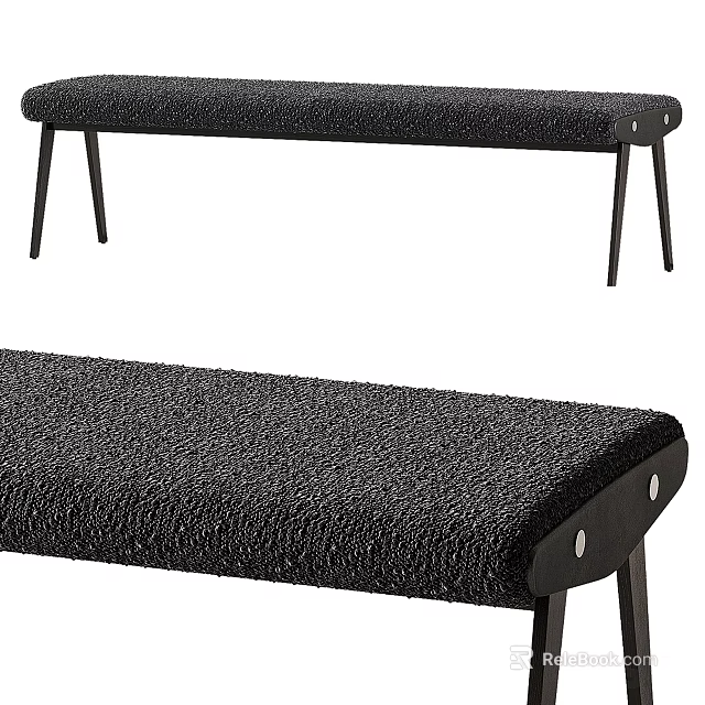 Modern Black Upholstered Bench with Slim Metal Legs and Textured Fabric Surface 3d model 