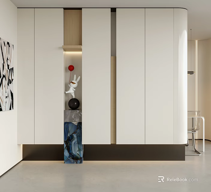 Modern Entryway Interior Design With White Storage Cabinets Decorative Sculptures And Recessed Lighting 3d model 