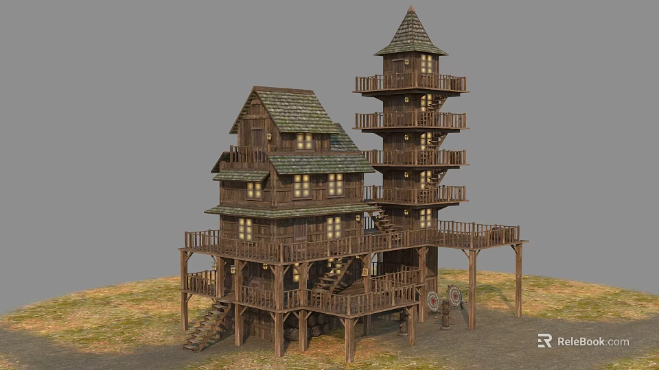 Multi Story Wooden Building With Tower Balconies And Gabled Roof On Grassland 3d model 