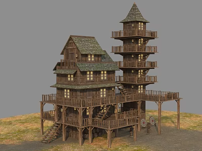 Multi Story Wooden Building With Tower Balconies And Gabled Roof On Grassland 3d model