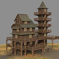 Multi Story Wooden Building With Tower Balconies And Gabled Roof On Grassland