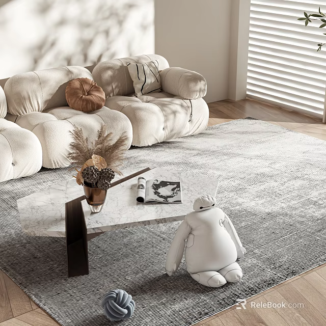 Marble Top Coffee Table in Modern Living Room with Sofa Rug Vase Magazine and Stuffed Toy 3d model 