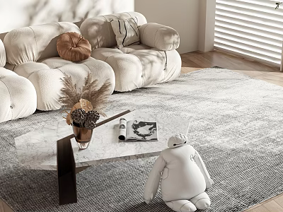 Marble Top Coffee Table in Modern Living Room with Sofa Rug Vase Magazine and Stuffed Toy 3d model