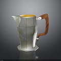 Shiny Modern Geometric Silver Pitcher With Wooden Handle And Orange Interior