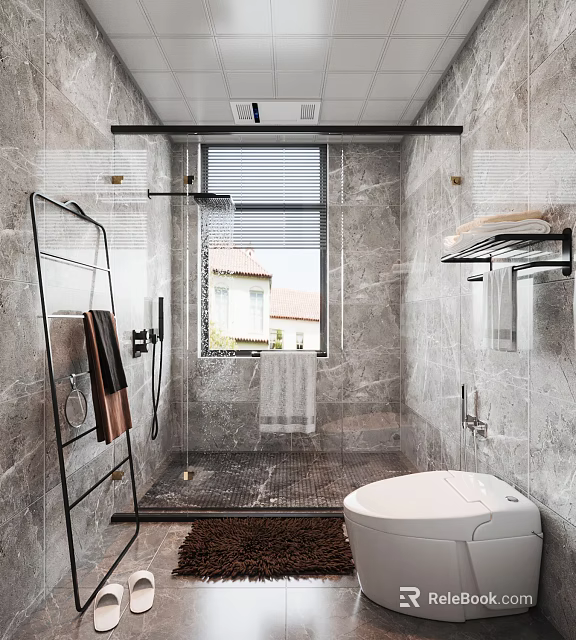 Modern Bathroom Interior Design With Gray Marble Walls Smart Toilet Shower Area And Window Blinds 3d model 