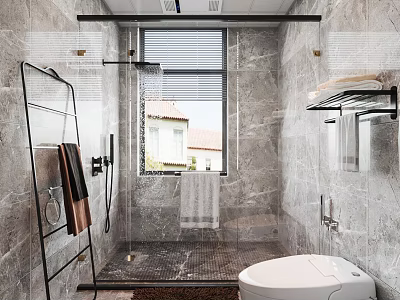 Modern Bathroom Interior Design With Gray Marble Walls Smart Toilet Shower Area And Window Blinds 3d model
