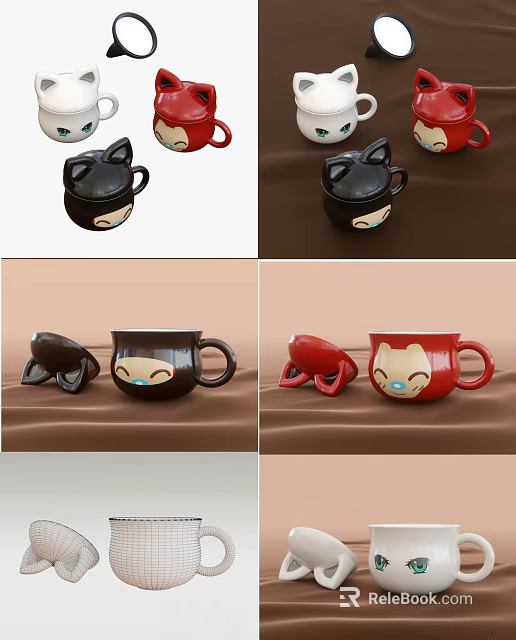 Cute Cartoon Mugs With Cat Ears Smiling Face Black Red Design 3d model