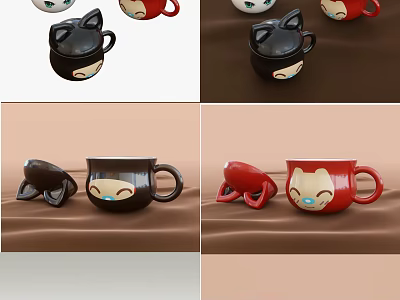 Cute Cartoon Mugs With Cat Ears Smiling Face Black Red Design 3d model