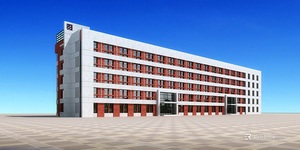 Modern School Building With Red And White Facade Multiple Windows And Spacious Plaza 3d model