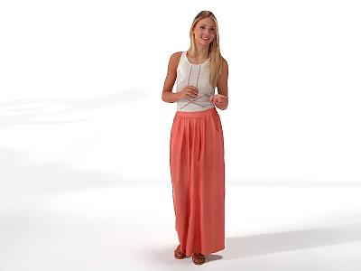 Blonde Woman With Sleeveless Top And Coral Maxi Skirt Standing Against White Background 3d model