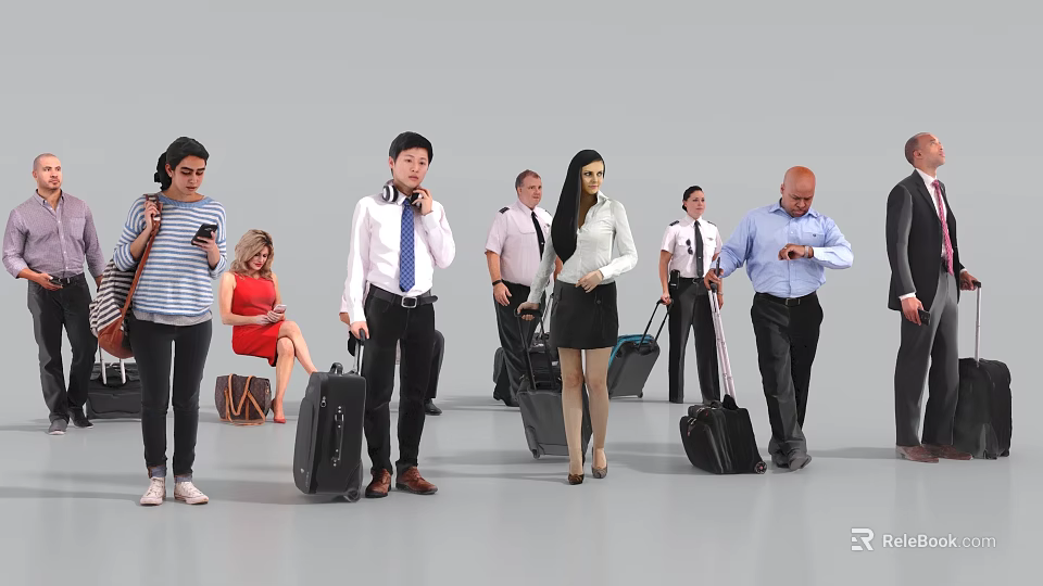Group of People With Luggage Preparing for Travel at Departure Area 3d model 